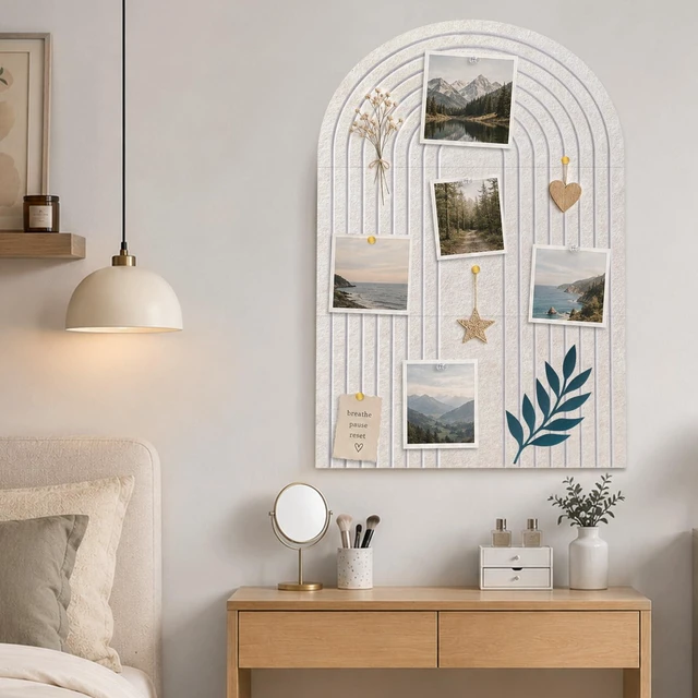 Alt view image 7 of 7 - Large Arched Felt Bulletin Board 36"x24", Decorative Pin Board for Wall | 3-pc felt pin board tiles, 30 adhesive tabs, soft oatmeal arch-inspired look for photo, memo, vision board & wall displays