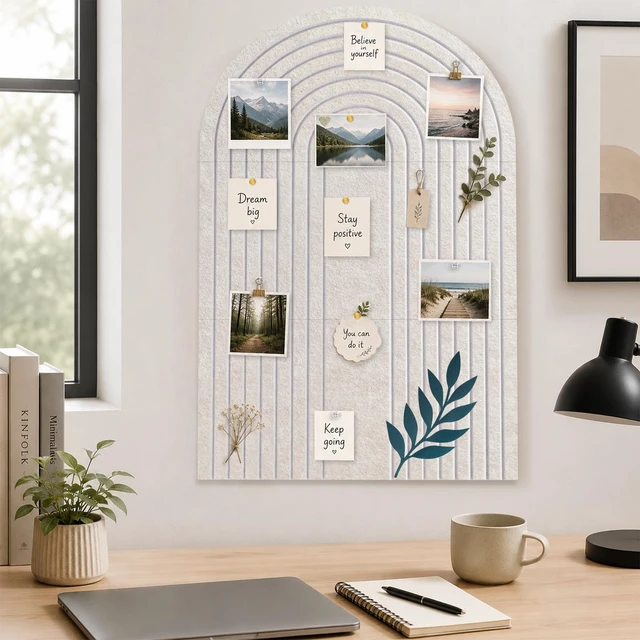 Alt view image 6 of 7 - Large Arched Felt Bulletin Board 36"x24", Decorative Pin Board for Wall | 3-pc felt pin board tiles, 30 adhesive tabs, soft oatmeal arch-inspired look for photo, memo, vision board & wall displays