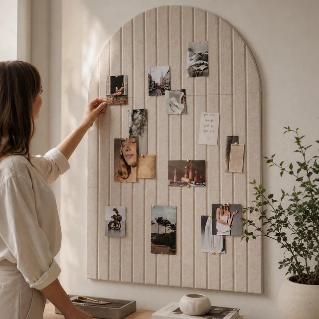 Main image of Large Arched Felt Bulletin Board - 6 Customizable Adhesive Tiles with Pins | Stylish 35" X 24" Cork Board Alternative for Office and Wall Decor - Perfect to Display Your Photos