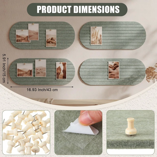 Alt view image 2 of 7 - 4 Pcs Cork Board for Wall Small Felt Bulletin Board, Sage Green | 17'' x 6'' Cork Strip, Pin Board, Alternative Corkboard, with 25 Push Pins, Adhesive Bar Strip, for Home Office Photo Decor