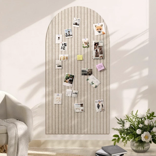Main image of Large Arched Felt Bulletin Board, 48"x24", Oatmeal | Cork Board Alternative, 3 Foldable Adhesive Tiles, 50 Push Pins, Office Wall Decor, Pin Boards for Pictures & Photos Display