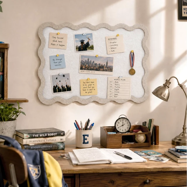 Alt view image 7 of 7 - Scalloped Felt Bulletin Board 24"x18", Decorative Pin Board for Wall | Cork board alternative with a raised scalloped frame adds dimension to photo displays, vision boards and wall organizations
