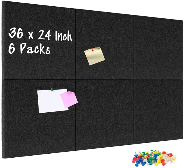 Main image of Felt Cork Board Tiles, 6 Pcs 12" x 12" Bulletin Board, Black | 1/2" Thick, Self Adhesive, Acoustic Soundproof Panels for Walls, Includes 60 Pushpins, For Home Office Kitchen School