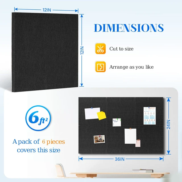 Alt view image 2 of 7 - Felt Cork Board Tiles, 6 Pcs 12" x 12" Bulletin Board, Black | 1/2" Thick, Self Adhesive, Acoustic Soundproof Panels for Walls, Includes 60 Pushpins, For Home Office Kitchen School
