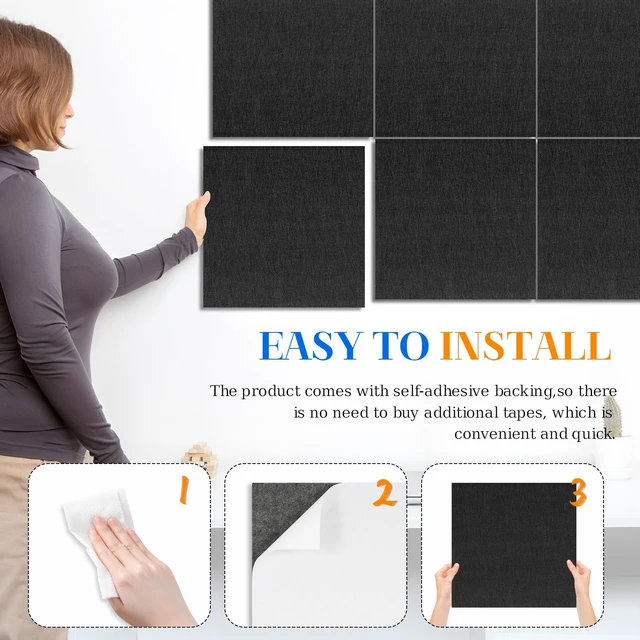 Alt view image 3 of 7 - Felt Cork Board Tiles, 6 Pcs 12" x 12" Bulletin Board, Black | 1/2" Thick, Self Adhesive, Acoustic Soundproof Panels for Walls, Includes 60 Pushpins, For Home Office Kitchen School