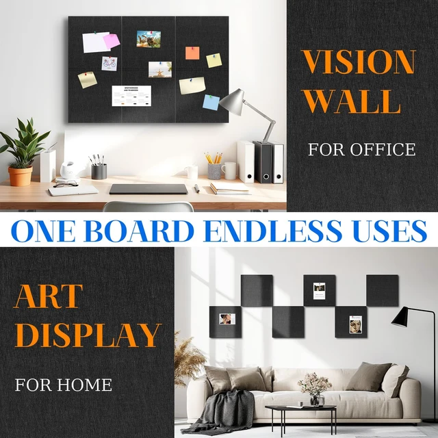 Alt view image 7 of 7 - Felt Cork Board Tiles, 6 Pcs 12" x 12" Bulletin Board, Black | 1/2" Thick, Self Adhesive, Acoustic Soundproof Panels for Walls, Includes 60 Pushpins, For Home Office Kitchen School