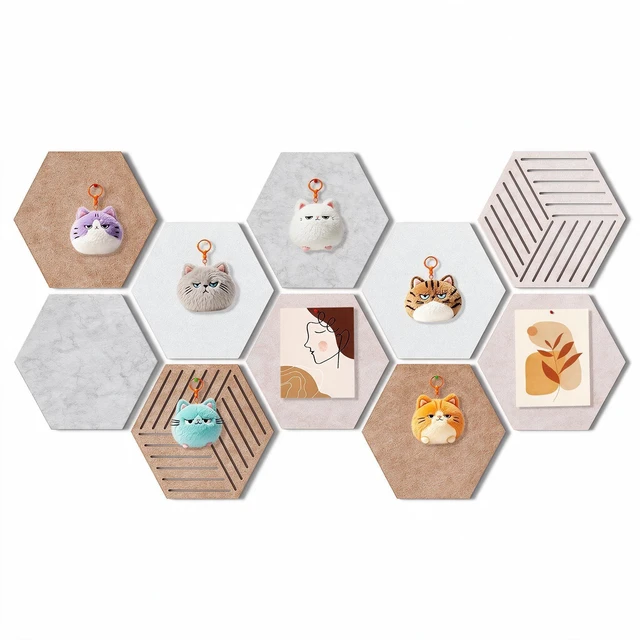 Main image of Felt Bulletin Board Tiles, 10 Pack, Hexagon 12 x 10 Inch | 1300 g/m² Dense Felt, 0.35-inch Thick, Frameless, Self-Adhesive Pin Boards for Photos, Notes and Wall Display