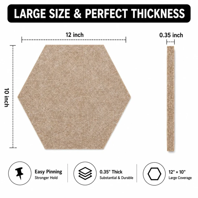 Alt view image 3 of 7 - Felt Bulletin Board Tiles, 10 Pack, Hexagon 12 x 10 Inch | 1300 g/m² Dense Felt, 0.35-inch Thick, Frameless, Self-Adhesive Pin Boards for Photos, Notes and Wall Display