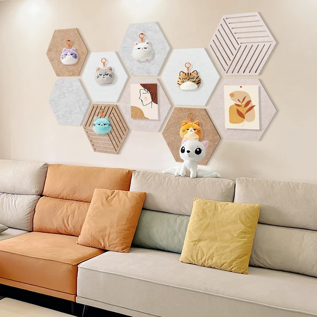 Alt view image 4 of 7 - Felt Bulletin Board Tiles, 10 Pack, Hexagon 12 x 10 Inch | 1300 g/m² Dense Felt, 0.35-inch Thick, Frameless, Self-Adhesive Pin Boards for Photos, Notes and Wall Display