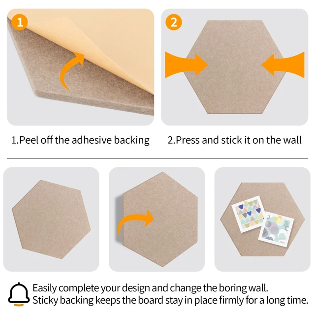 Alt view image 5 of 7 - Felt Bulletin Board Tiles, 10 Pack, Hexagon 12 x 10 Inch | 1300 g/m² Dense Felt, 0.35-inch Thick, Frameless, Self-Adhesive Pin Boards for Photos, Notes and Wall Display