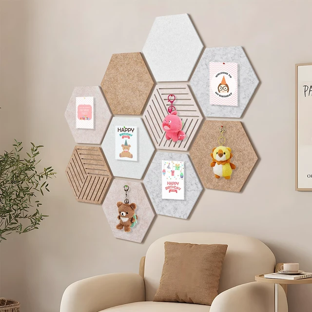 Alt view image 6 of 7 - Felt Bulletin Board Tiles, 10 Pack, Hexagon 12 x 10 Inch | 1300 g/m² Dense Felt, 0.35-inch Thick, Frameless, Self-Adhesive Pin Boards for Photos, Notes and Wall Display