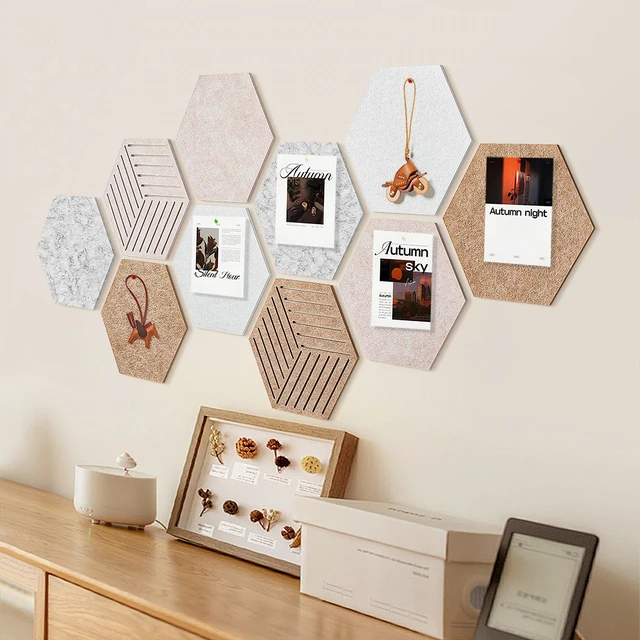 Alt view image 7 of 7 - Felt Bulletin Board Tiles, 10 Pack, Hexagon 12 x 10 Inch | 1300 g/m² Dense Felt, 0.35-inch Thick, Frameless, Self-Adhesive Pin Boards for Photos, Notes and Wall Display