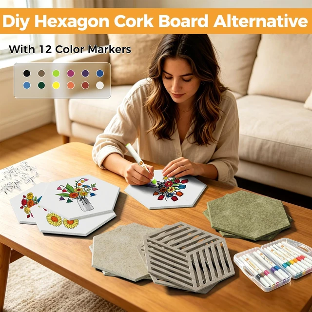 Alt view image 2 of 7 - 10 Pack Hexagonal Felt Bulletin Board Tiles for Office Walls Decor | Cork Board Alternative, 50 Adhesive Tabs, Photos and Reminders in Home Offices, DIY Paintable, Self-Adhesive Memo Board