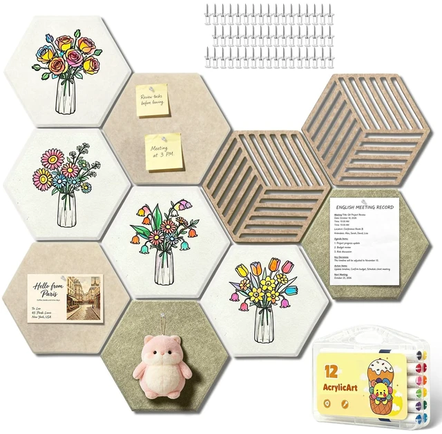 Main image of 10 Pack Hexagonal Felt Bulletin Board Tiles for Office Walls Decor | Cork Board Alternative, 50 Adhesive Tabs, Photos and Reminders in Home Offices, DIY Paintable, Self-Adhesive Memo Board