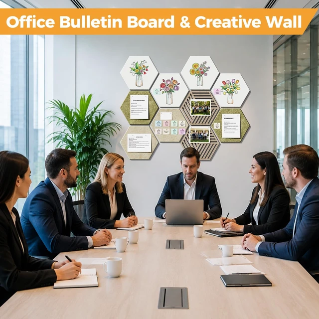 Alt view image 5 of 7 - 10 Pack Hexagonal Felt Bulletin Board Tiles for Office Walls Decor | Cork Board Alternative, 50 Adhesive Tabs, Photos and Reminders in Home Offices, DIY Paintable, Self-Adhesive Memo Board