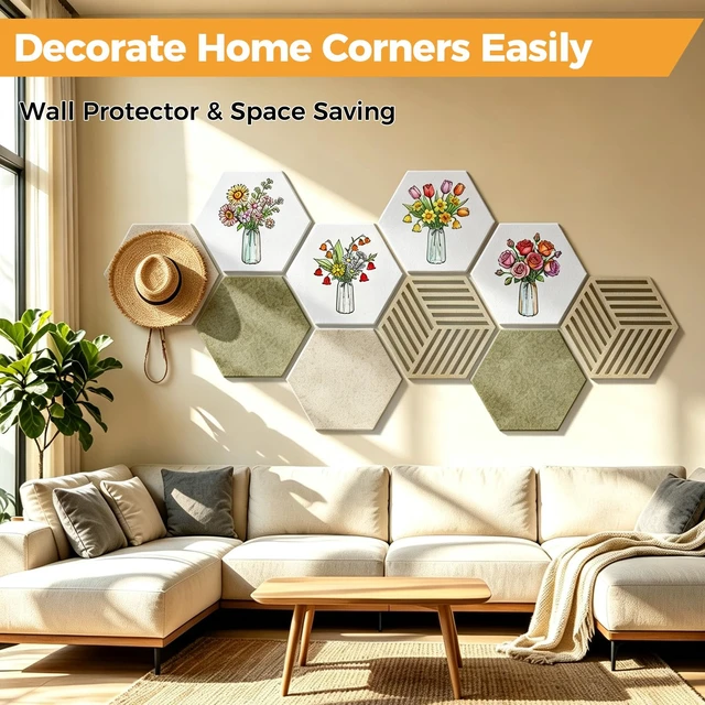 Alt view image 6 of 7 - 10 Pack Hexagonal Felt Bulletin Board Tiles for Office Walls Decor | Cork Board Alternative, 50 Adhesive Tabs, Photos and Reminders in Home Offices, DIY Paintable, Self-Adhesive Memo Board