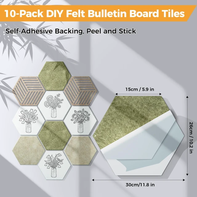 Alt view image 7 of 7 - 10 Pack Hexagonal Felt Bulletin Board Tiles for Office Walls Decor | Cork Board Alternative, 50 Adhesive Tabs, Photos and Reminders in Home Offices, DIY Paintable, Self-Adhesive Memo Board