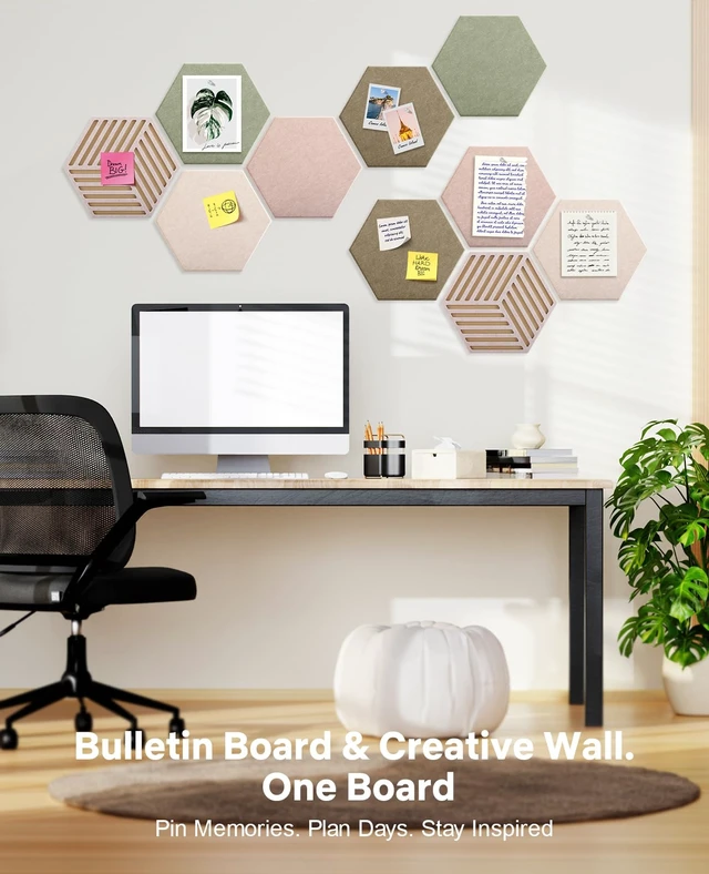 Alt view image 5 of 7 - Hexagon Cork Bulletin Board Tiles, Felt Pin Board | Wall Panels for Vision, Message Center, Picture and Prayer Board(Linen Dusk)