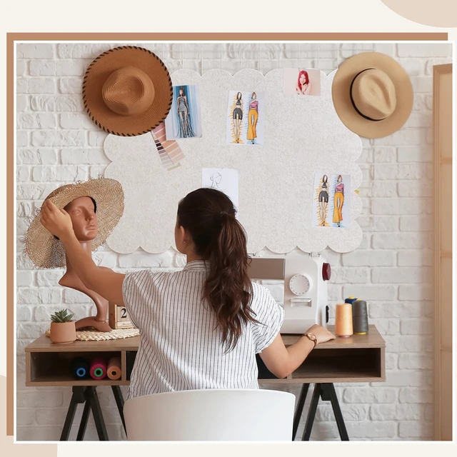 Alt view image 5 of 6 - Scalloped Felt Bulletin Cork Board Foldable Beige 36 * 24 Inch | 3' x 2' Trifold, Self Adhesive, Picture Vision Board, Cork Alternative for Wall, Pin Bulletin Decorative for Office Bedroom