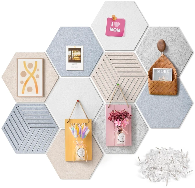 Main image of Felt Bulletin Cork Board for Office, 12 x 10 inch, 10 Pack | Hexagon Bulletin Board Tiles, 1300g/m² Dense Felt, Fully Self Adhesive, Peel and Stick, Frameless, Modern, Office Home Decor