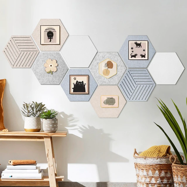 Alt view image 5 of 7 - Felt Bulletin Cork Board for Office, 12 x 10 inch, 10 Pack | Hexagon Bulletin Board Tiles, 1300g/m² Dense Felt, Fully Self Adhesive, Peel and Stick, Frameless, Modern, Office Home Decor