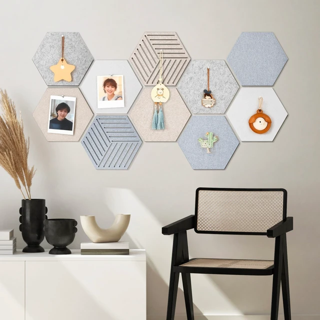 Alt view image 6 of 7 - Felt Bulletin Cork Board for Office, 12 x 10 inch, 10 Pack | Hexagon Bulletin Board Tiles, 1300g/m² Dense Felt, Fully Self Adhesive, Peel and Stick, Frameless, Modern, Office Home Decor