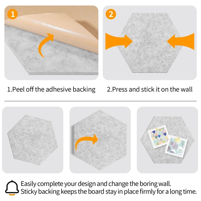 Alt view image 4 of 7 - Felt Bulletin Cork Board for Office, 12 x 10 inch, 10 Pack | Hexagon Bulletin Board Tiles, 1300g/m² Dense Felt, Fully Self Adhesive, Peel and Stick, Frameless, Modern, Office Home Decor