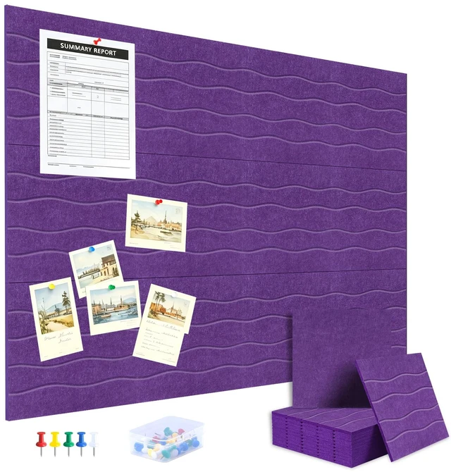 Main image of Felt Bulletin Board Tiles 12 Pack, 48" x 36" Cork Board Alternative, DIY Pin Board Wall Tiles for Photo Wall, Vision Board, Dorm Room & Home Office Decor, Stick-On with Adhesive Tabs, Violet