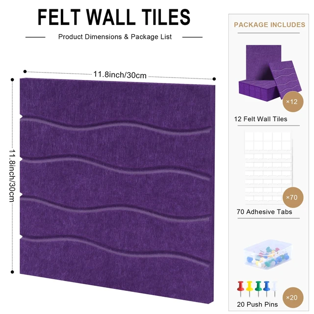 Alt view image 2 of 7 - Felt Bulletin Board Tiles 12 Pack, 48" x 36" Cork Board Alternative, DIY Pin Board Wall Tiles for Photo Wall, Vision Board, Dorm Room & Home Office Decor, Stick-On with Adhesive Tabs, Violet