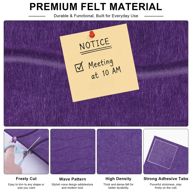 Alt view image 3 of 7 - Felt Bulletin Board Tiles 12 Pack, 48" x 36" Cork Board Alternative, DIY Pin Board Wall Tiles for Photo Wall, Vision Board, Dorm Room & Home Office Decor, Stick-On with Adhesive Tabs, Violet