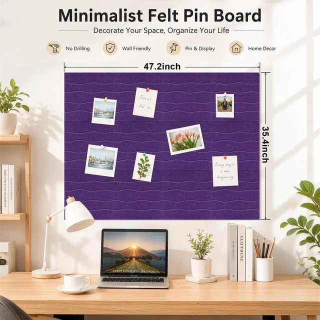 Alt view image 4 of 7 - Felt Bulletin Board Tiles 12 Pack, 48" x 36" Cork Board Alternative, DIY Pin Board Wall Tiles for Photo Wall, Vision Board, Dorm Room & Home Office Decor, Stick-On with Adhesive Tabs, Violet