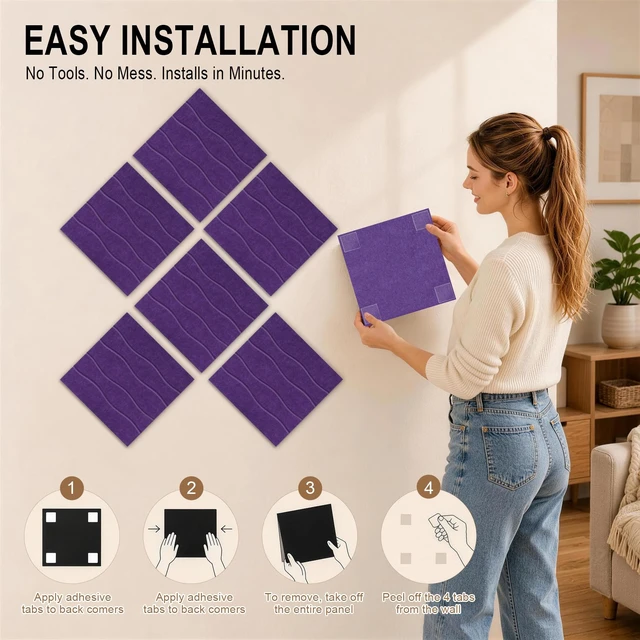Alt view image 6 of 7 - Felt Bulletin Board Tiles 12 Pack, 48" x 36" Cork Board Alternative, DIY Pin Board Wall Tiles for Photo Wall, Vision Board, Dorm Room & Home Office Decor, Stick-On with Adhesive Tabs, Violet