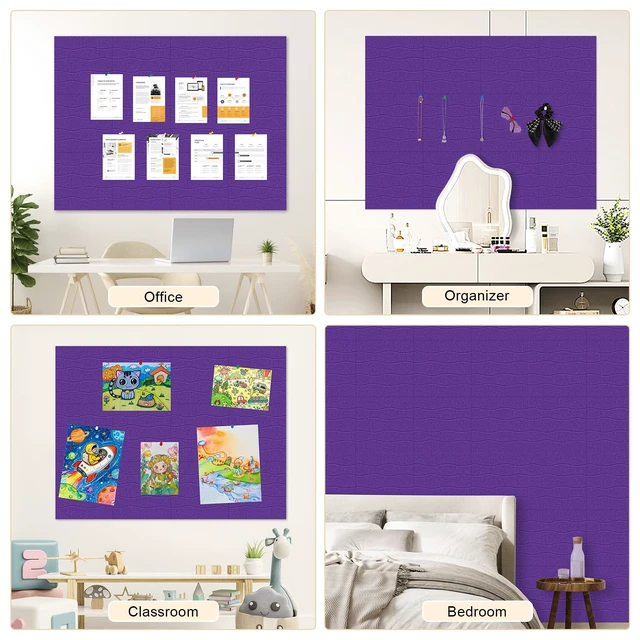 Alt view image 7 of 7 - Felt Bulletin Board Tiles 12 Pack, 48" x 36" Cork Board Alternative, DIY Pin Board Wall Tiles for Photo Wall, Vision Board, Dorm Room & Home Office Decor, Stick-On with Adhesive Tabs, Violet