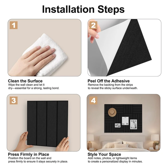 Alt view image 6 of 7 - Felt Bulletin Board Wall Tiles - 12-Pack Corkboard Alternative, 48"x36" Coverage with Self-Adhesive Panels for Office & Home, Black