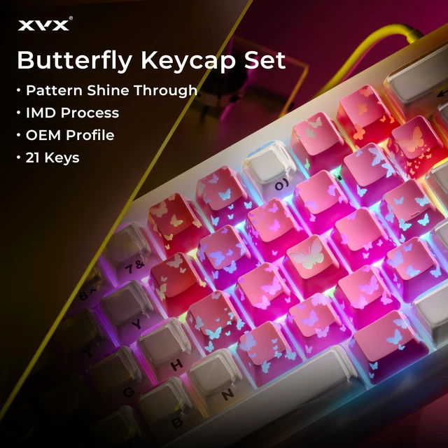 Alt view image 2 of 6 - XVX Butterfly Shine Through Keycaps, Love Theme Cute Custom Keycaps, Blank OEM Profile IMD Translucent Keycap, Anime Style, for MX Switches Mechanical Keyboard, PinkOnly 21 Keys