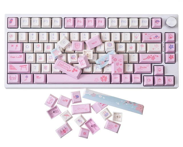 Main image of Pink Cherry Blossom Theme Keycaps Set, 133 Keys, Cherry Profile | PBT Thermal Sublimation Keycap Set for 61/64/68/75/80/84/87/98/104/108 Layout Mechanical Gaming Keyboard (Pink)
