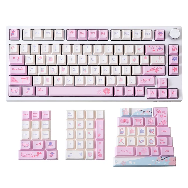 Alt view image 2 of 5 - Pink Cherry Blossom Theme Keycaps Set, 133 Keys, Cherry Profile | PBT Thermal Sublimation Keycap Set for 61/64/68/75/80/84/87/98/104/108 Layout Mechanical Gaming Keyboard (Pink)