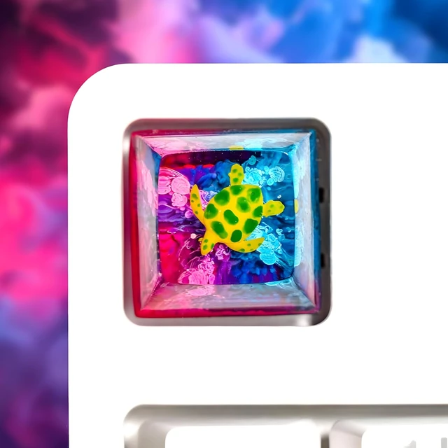 Alt view image 3 of 7 - Sea Turtle Pink Blue Coral Reef Artisan Keycap, 1U ESC, R1 SA Profile, Custom Handmade Resin Key Cap for Cherry MX Mechanical Keyboard, Cool Tech Gift for Men, Dad, Gamers and Ocean Lovers