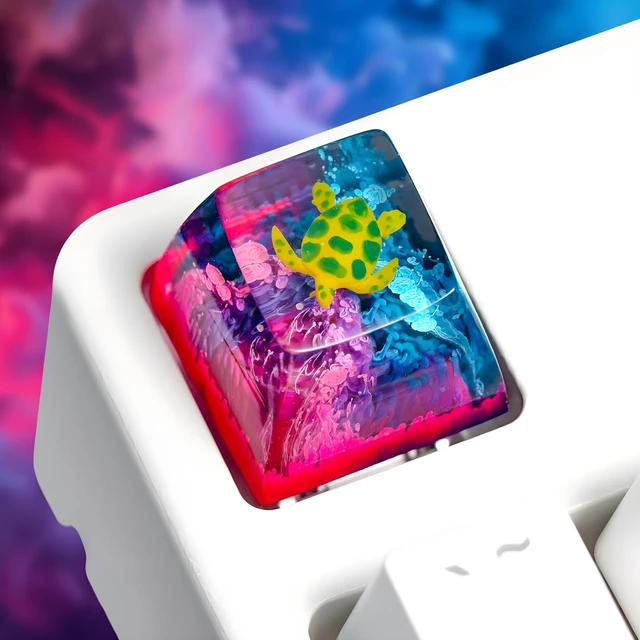 Alt view image 2 of 7 - Sea Turtle Pink Blue Coral Reef Artisan Keycap, 1U ESC, R1 SA Profile, Custom Handmade Resin Key Cap for Cherry MX Mechanical Keyboard, Cool Tech Gift for Men, Dad, Gamers and Ocean Lovers
