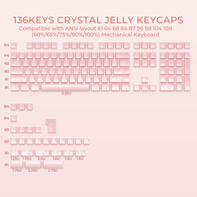 Alt view image 4 of 7 - XVX Pink Jelly Keycaps for Mechanical Keyboard, Cute Crystal Keycaps | Shine Through Keycap Set Compatible with 61/68/84/87/98/100 ANSI and ISO Layout MX Switches Mechanical Keyboard