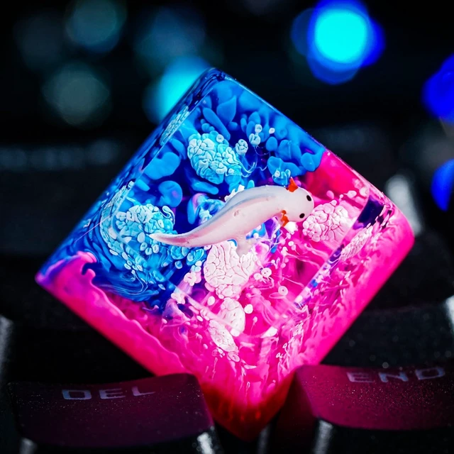 Alt view image 2 of 6 - Pink Axolotl Pink Blue Ocean Artisan Keycap, 1U ESC, R1 SA Profile, Custom Handmade Resin Key Cap for Cherry MX Mechanical Keyboard, Cool Tech Gift for Men, Dad, Gamers and Axolotl Lovers
