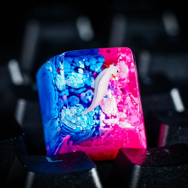 Alt view image 4 of 6 - Pink Axolotl Pink Blue Ocean Artisan Keycap, 1U ESC, R1 SA Profile, Custom Handmade Resin Key Cap for Cherry MX Mechanical Keyboard, Cool Tech Gift for Men, Dad, Gamers and Axolotl Lovers
