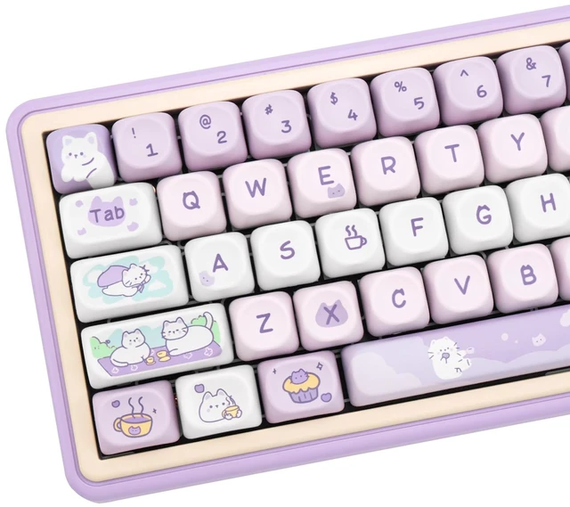 Main image of Cute Keycaps Cat Afternoon Tea Purple PBT Key Cap for Cherry MX | Custom Keycaps, Dye Sublimation Legends, MOA Profile, 132 Keys, Keyboard DIY, Custom Keyboard Build, Desk Decor, Daily Use