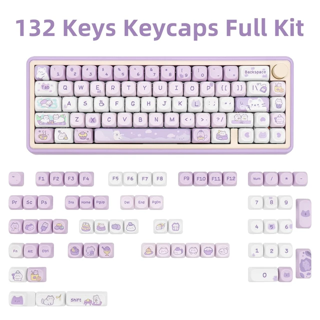Alt view image 2 of 7 - Cute Keycaps Cat Afternoon Tea Purple PBT Key Cap for Cherry MX | Custom Keycaps, Dye Sublimation Legends, MOA Profile, 132 Keys, Keyboard DIY, Custom Keyboard Build, Desk Decor, Daily Use