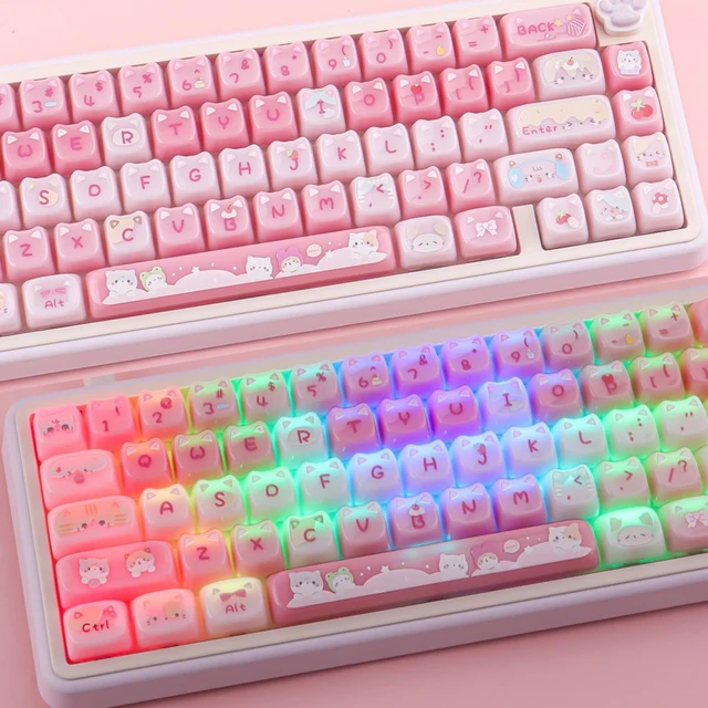 Alt view image 4 of 7 - Ceramic Jade Cat Keycaps, 142 Keys Translucent Pink Meow Meow Cute Keycaps | Mao Profile Custom Keycap with Keycap Storage Box for Cherry Gateron MX Switches Mechanical Keyboards
