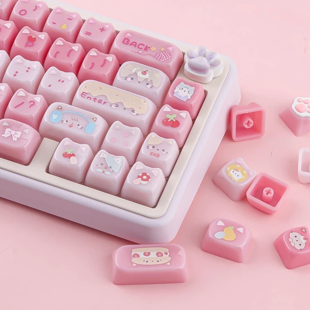 Alt view image 6 of 7 - Ceramic Jade Cat Keycaps, 142 Keys Translucent Pink Meow Meow Cute Keycaps | Mao Profile Custom Keycap with Keycap Storage Box for Cherry Gateron MX Switches Mechanical Keyboards