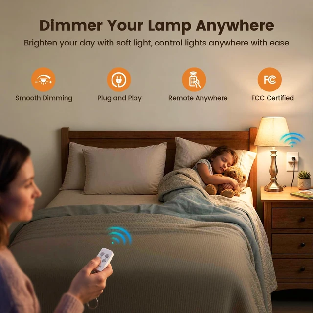 Alt view image 2 of 7 - Dimmer Plug with Remote Control, Fits 200W INC & 150W LED | Plug-in Wireless Remote Control Outlet, Plug and Play, 200FT RF Range for Table Lamps, String Lights, Floor Lamp