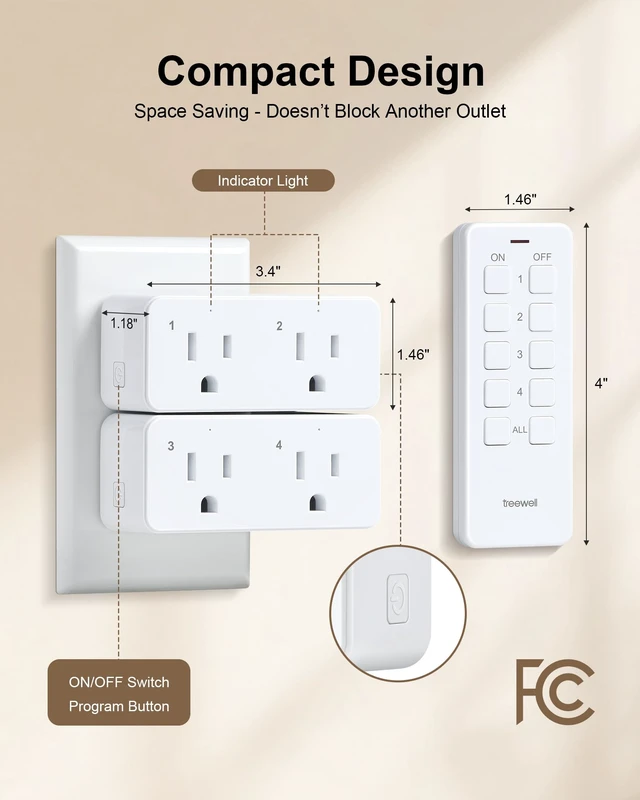 Alt view image 7 of 7 - 2-Outlet Remote Control with Independent Sockets, Magnetic Switch | 200FT Wireless Range, Mini Electrical Outlet Plug, 15A/1875W, Remote Switch for Lamps/Lights/Household Appliances, FCC Listed