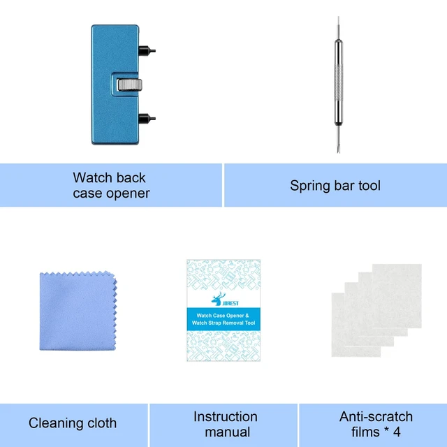 Alt view image 7 of 7 - Watch Battery Replacement Kit, Watch Back Remover for Rotate Open Watch Cover, Watch Opening Tool, Watch Strap Removal, Watch Case Opener with Anti-scratch film, Spring Bar, Instruction Manual