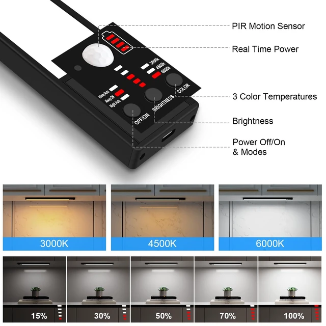 Alt view image 3 of 7 - Motion Sensor Cabinet Lights, 3200mAh Battery Operated Closet Light, Portable Rechargeable Motion Lights, 3 Colors, 5 Brightness Adjustable Motion Lamp for Kitchen Wardrobe Cupboard(Two Pack)